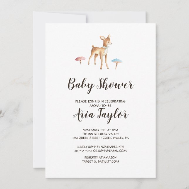 Invitación El venado acuarela de Baby Shower blanco (Anverso)