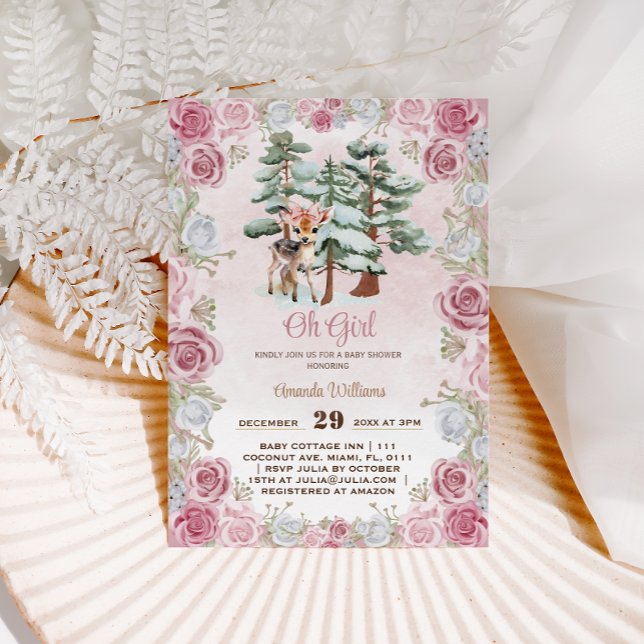 Invitación El venado de invierno Oh Chica Floral Baby Shower (Subido por el creador)