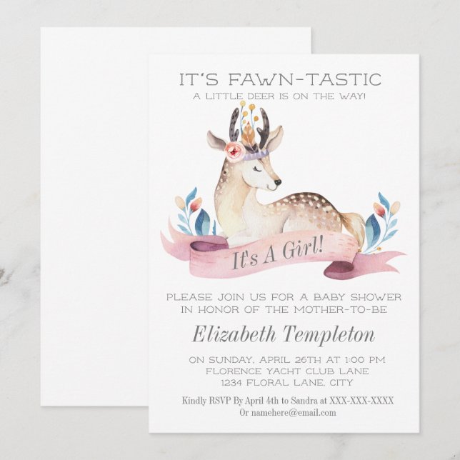 Invitación El venado fawntastic es un Baby Shower Chica (Anverso / Reverso)