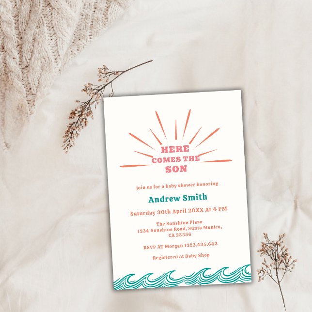 Invitación El verano de playa aquí viene el Baby Shower del h (Beach Summer Here Comes The Son Baby Shower Invitation)