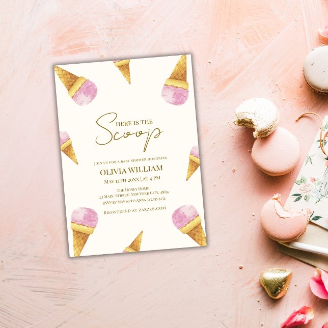 Invitación El verano rosado aquí está el Baby Shower del Crem (Pink Summer Here's The Scoop Ice Cream Baby Shower Invitation)