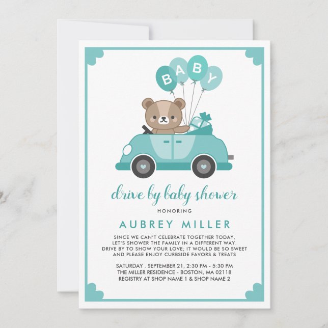 Invitación El Verde azulado Oso De Teddy De Baby Shower (Anverso)