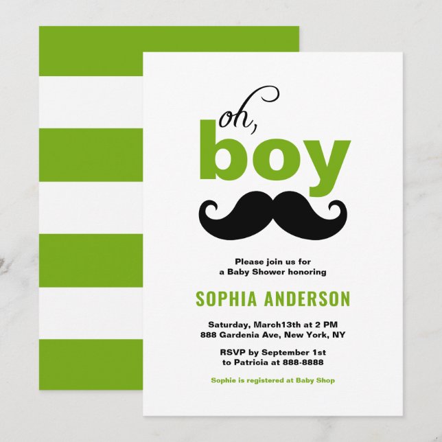 Invitación El verde clásico es un Baby Shower de Boy Mustache (Anverso / Reverso)