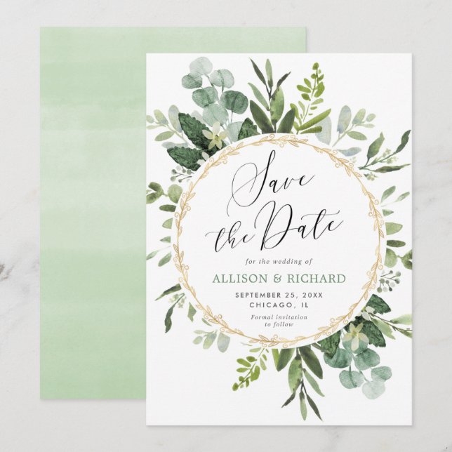 Invitación El verde, el oro elegante y moderno Salve la fecha (Anverso / Reverso)