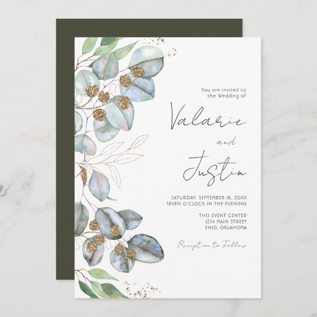 Invitación El verde eucalipto Boda de sabios todo en uno (Anverso / Reverso)
