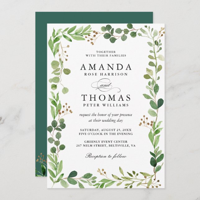 Invitación El verde eucalipto deja al Boda de Moda del marco  (Anverso / Reverso)