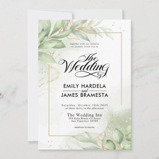 Invitación El verde Eucalyptus deja Boda acuarela de oro (Anverso)