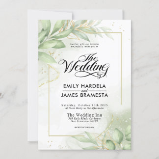 Invitación El verde Eucalyptus deja Boda acuarela de oro