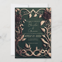 Invitación El verde oscuro y el oro lujosos.