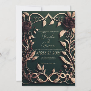Invitación El verde oscuro y el oro lujosos.