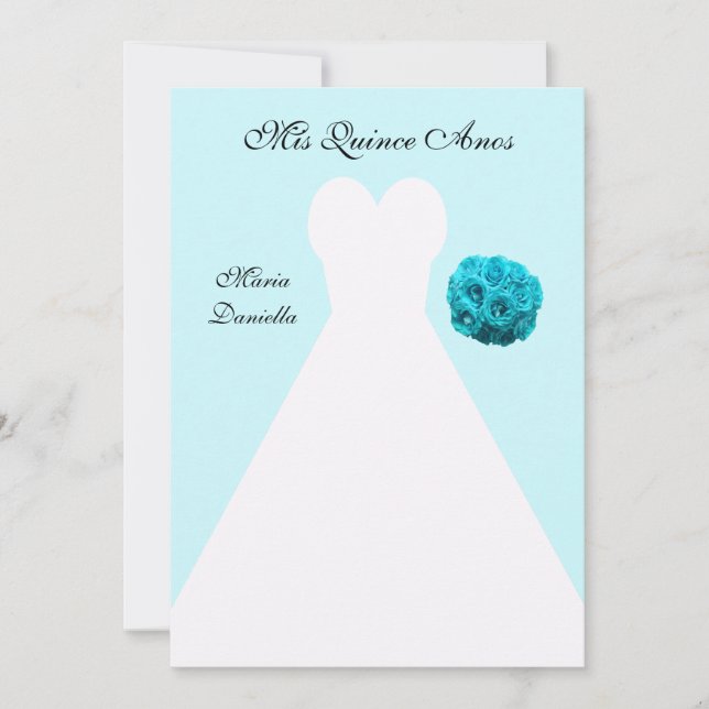 Invitación El vestido blanco Fiesta Quinceanera con fondo azu (Anverso)