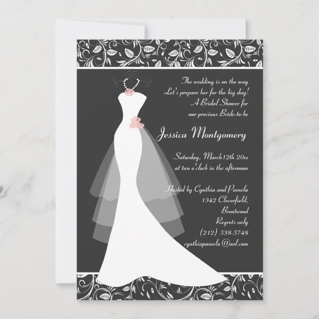 Invitación El vestido de boda blanco en ducha nupcial negra (Anverso)