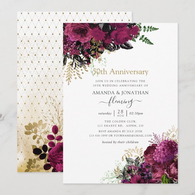 Invitación El Viejo Borgoña y el Oro 50 Aniversario Boda (Anverso / Reverso)