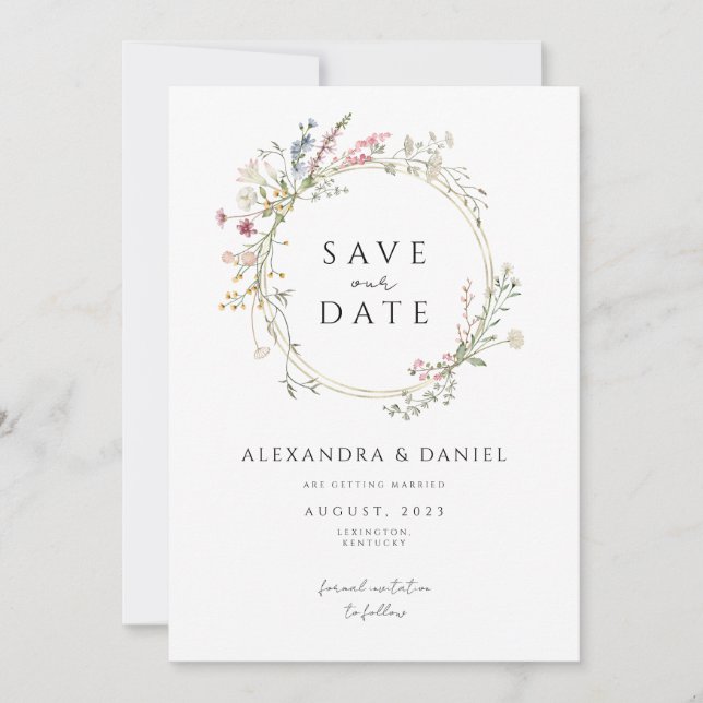 Invitación el zoquete de flores silvestres salva la fecha min (Anverso)