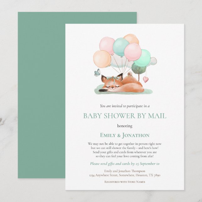 Invitación El zumbido de Fox Balloon Verde azulado Baby Showe (Anverso / Reverso)