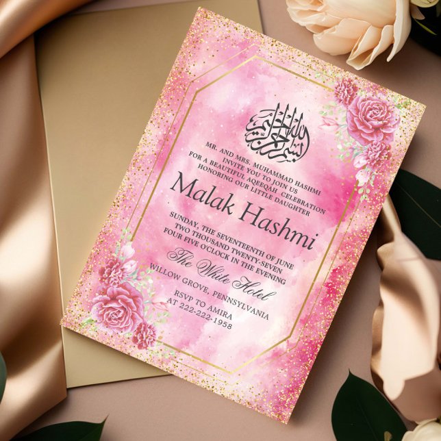 Invitación Elagant Pink Floral acuarela Aqeeqah Islámico (Subido por el creador)