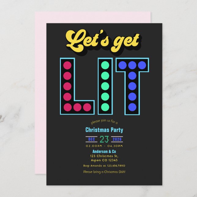 Invitación Electric Cranberry Get Lit Retro Christmas Party (Anverso / Reverso)