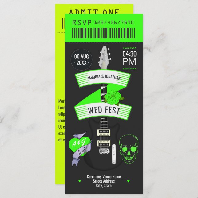 Invitación Electric Lime Rock ’n’ Roll Wedding Ticket (Anverso / Reverso)