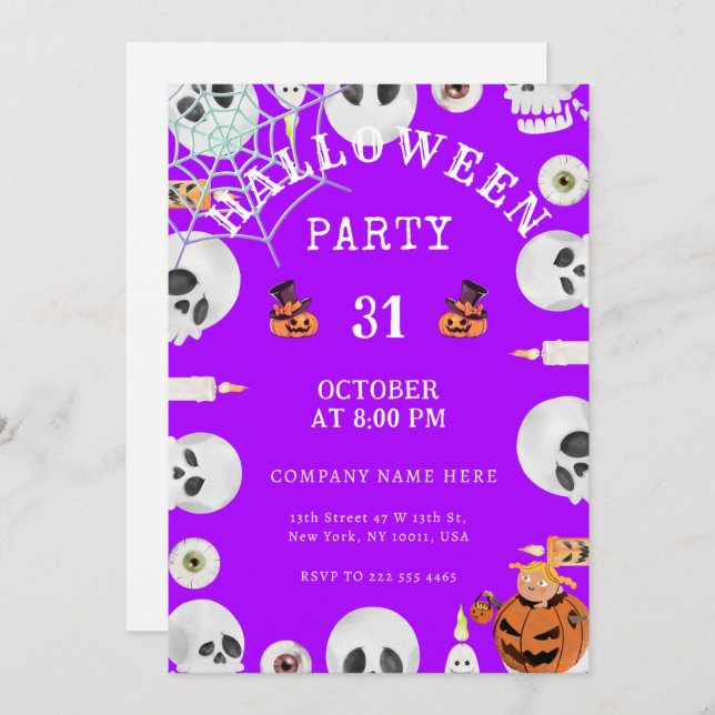 Invitación Electric Purple Classic Halloween Office Party (Anverso / Reverso)