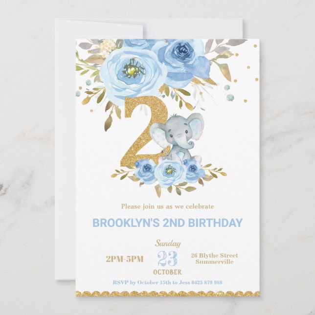 Invitación Elefante 2° cumpleaños Flores Florales Azules 2 (Anverso)