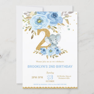 Invitación Elefante 2° cumpleaños Flores Florales Azules 2