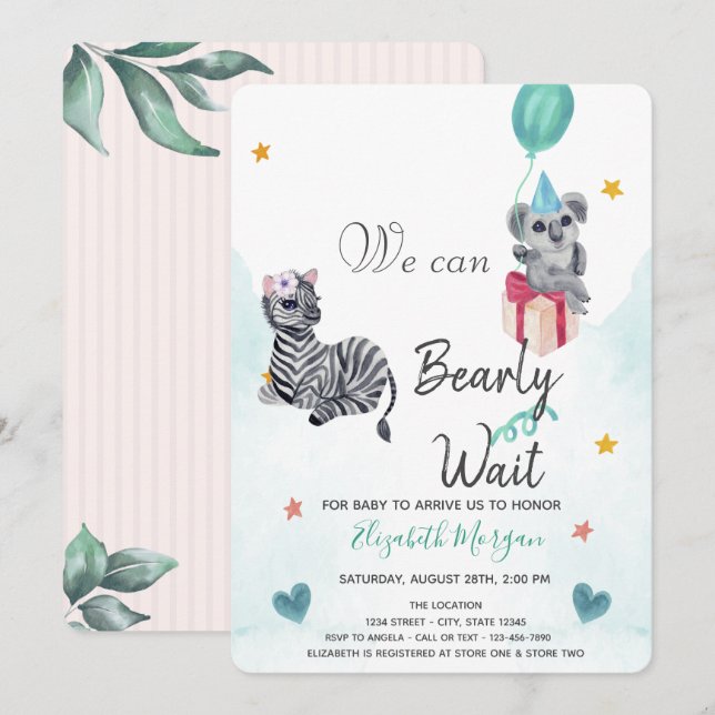 Invitación Elefante acuarela, Baby Shower rayado de cebra (Anverso / Reverso)