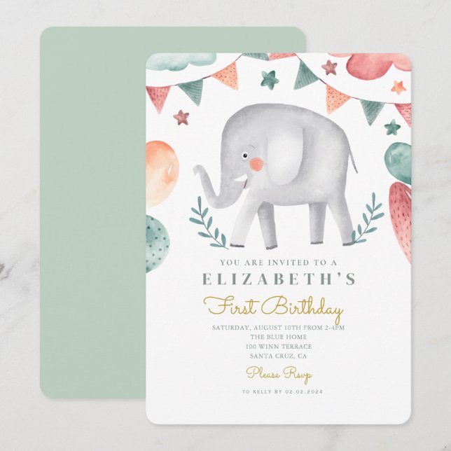 Invitación Elefante acuarela Cute Baloons 1er cumpleaños (Anverso / Reverso)