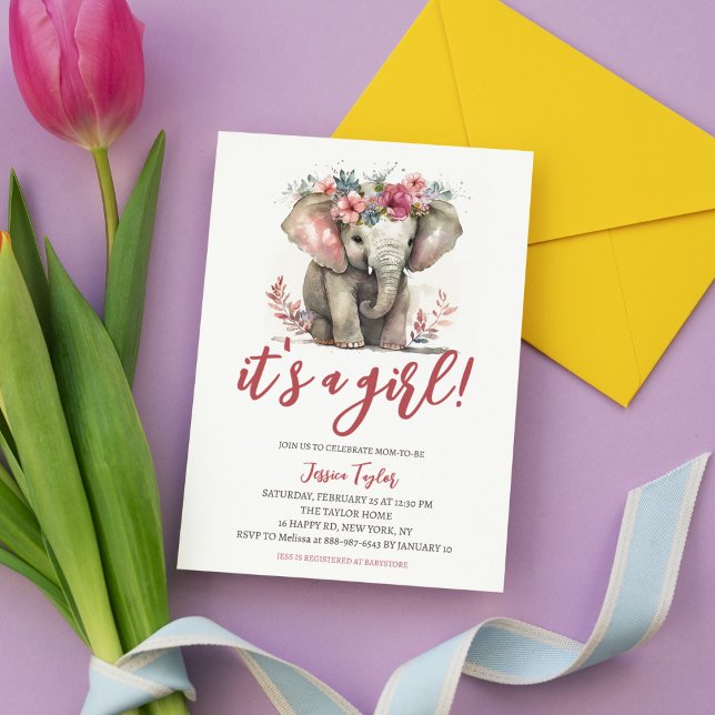 Invitación Elefante acuático Chica floral rosa Baby Shower (Subido por el creador)