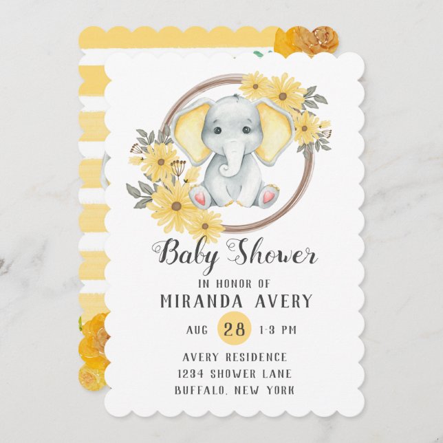 Invitación Elefante acuático con Baby Shower de oidos amarill (Anverso / Reverso)