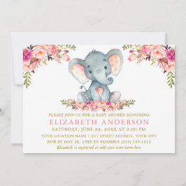 Invitación Elefante acuático Floral rosa Baby Shower dorado