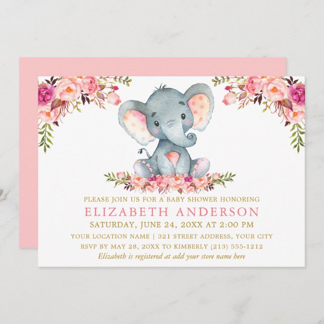 Invitación Elefante acuático Floral rosa Baby Shower dorado (Anverso / Reverso)
