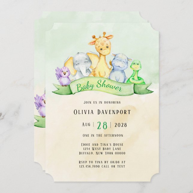 Invitación Elefante acuático y Baby Shower de amigos (Anverso / Reverso)