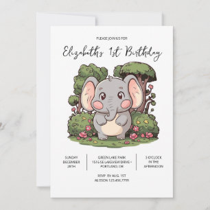 Invitación Elefante Adorable Colorido Primer Cumpleaños Digit
