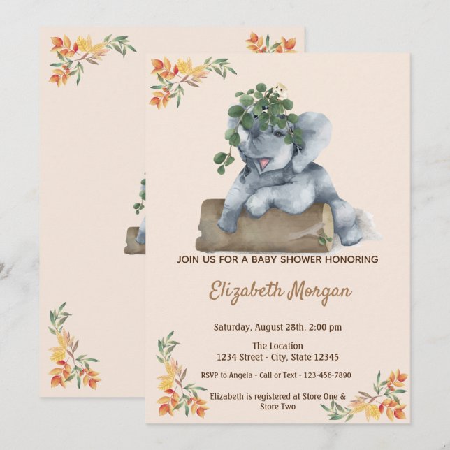 Invitación Elefante Adorable, Deja Fiesta de Bebé (Anverso / Reverso)