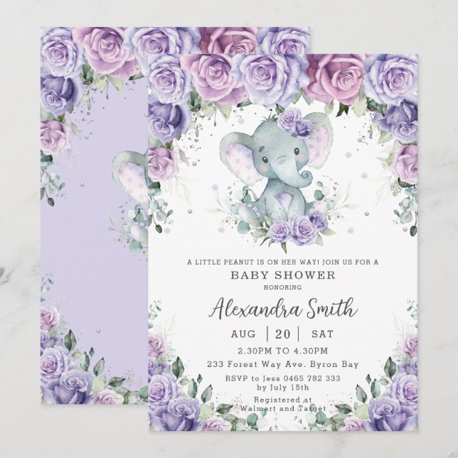 Invitación Elefante Adorable Dulce Morado Floral Baby Shower (Anverso / Reverso)