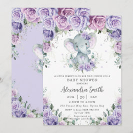 Invitación Elefante Adorable Dulce Morado Floral Baby Shower