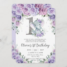 Invitación Elefante Adorable Dulce Morado Floral Primer Cumpl