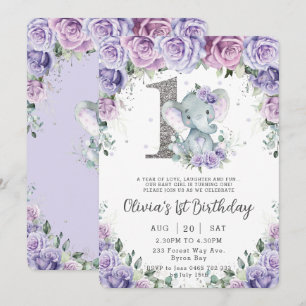 Invitación Elefante Adorable Dulce Morado Floral Primer Cumpl