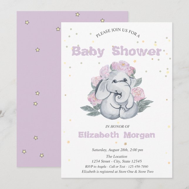 Invitación Elefante Adorable, Estrellas Flores Baby Shower (Anverso / Reverso)