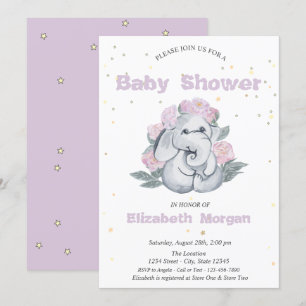Invitación Elefante Adorable, Estrellas Flores Baby Shower
