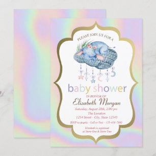 Invitación Elefante Adorable, Floral, Ducha de Bebé Holográfi