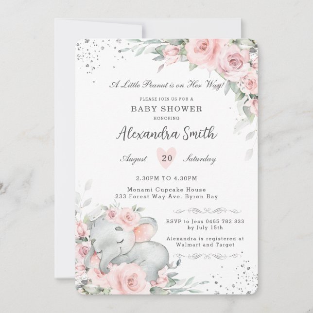 Invitación Elefante Adorable Floral Dulce Rosa (Anverso)