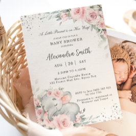 Invitación Elefante Adorable Floral Dulce Rosa