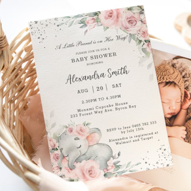 Invitación Elefante Adorable Floral Dulce Rosa (Subido por el creador)