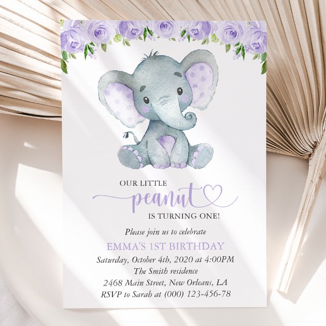 Invitación Elefante Adorable, Flores Purpúreas, Primer Cumple (Subido por el creador)