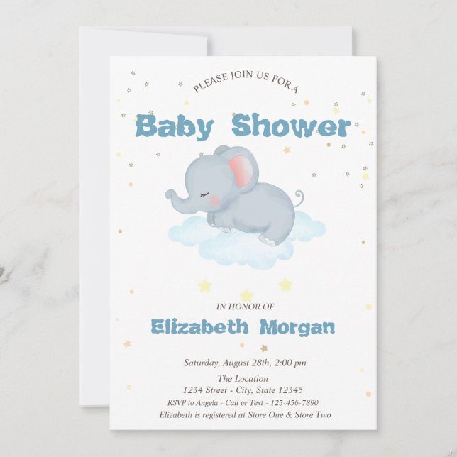 Invitación Elefante Adorable, Nubes, Baby Shower Estrellas (Anverso)