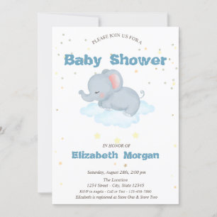 Invitación Elefante Adorable, Nubes, Fiesta de Bebé de Estrel