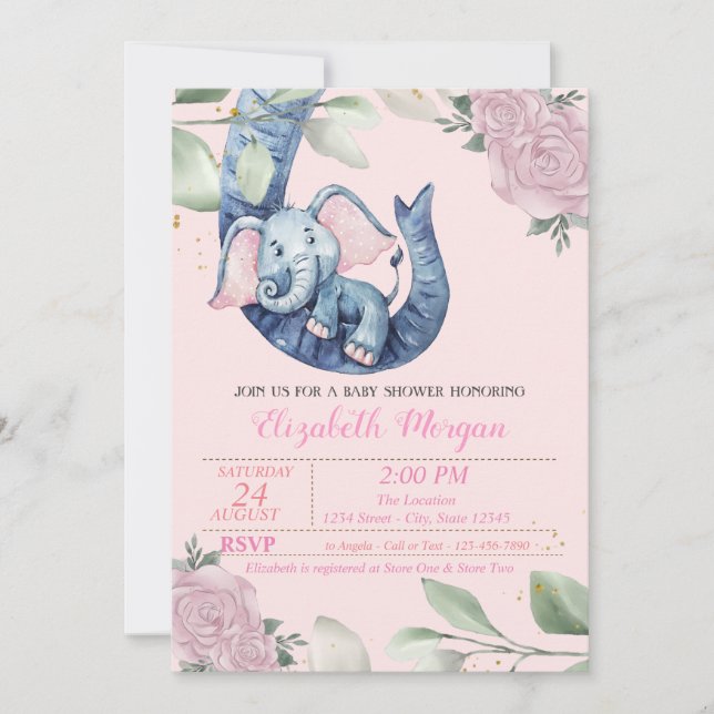Invitación Elefante Adorable para Bebés, Hojas, Baby Shower F (Anverso)