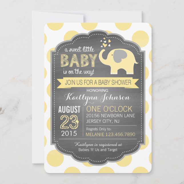 Invitación Elefante amarillo y Baby Shower de puntos (Anverso)