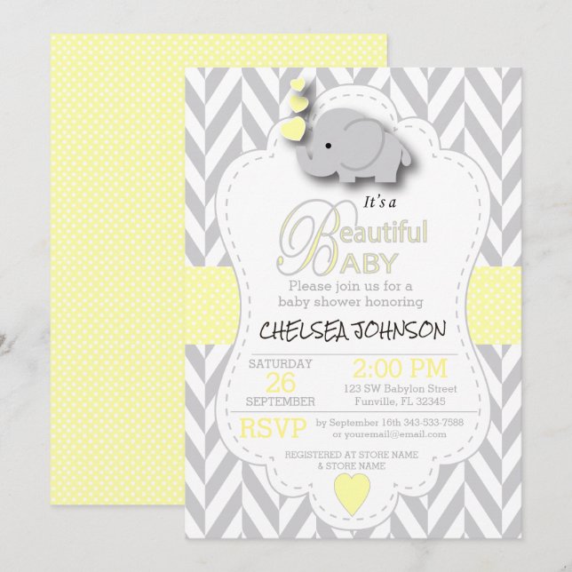 Invitación Elefante amarillo y gris blanco 🐘 Baby Shower (Anverso / Reverso)